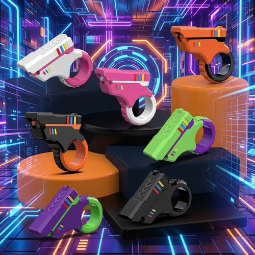 Lumenly Pulse Pivot Collection - Multiple colors of mechanical ring fidget toys in a cyberpunk setting