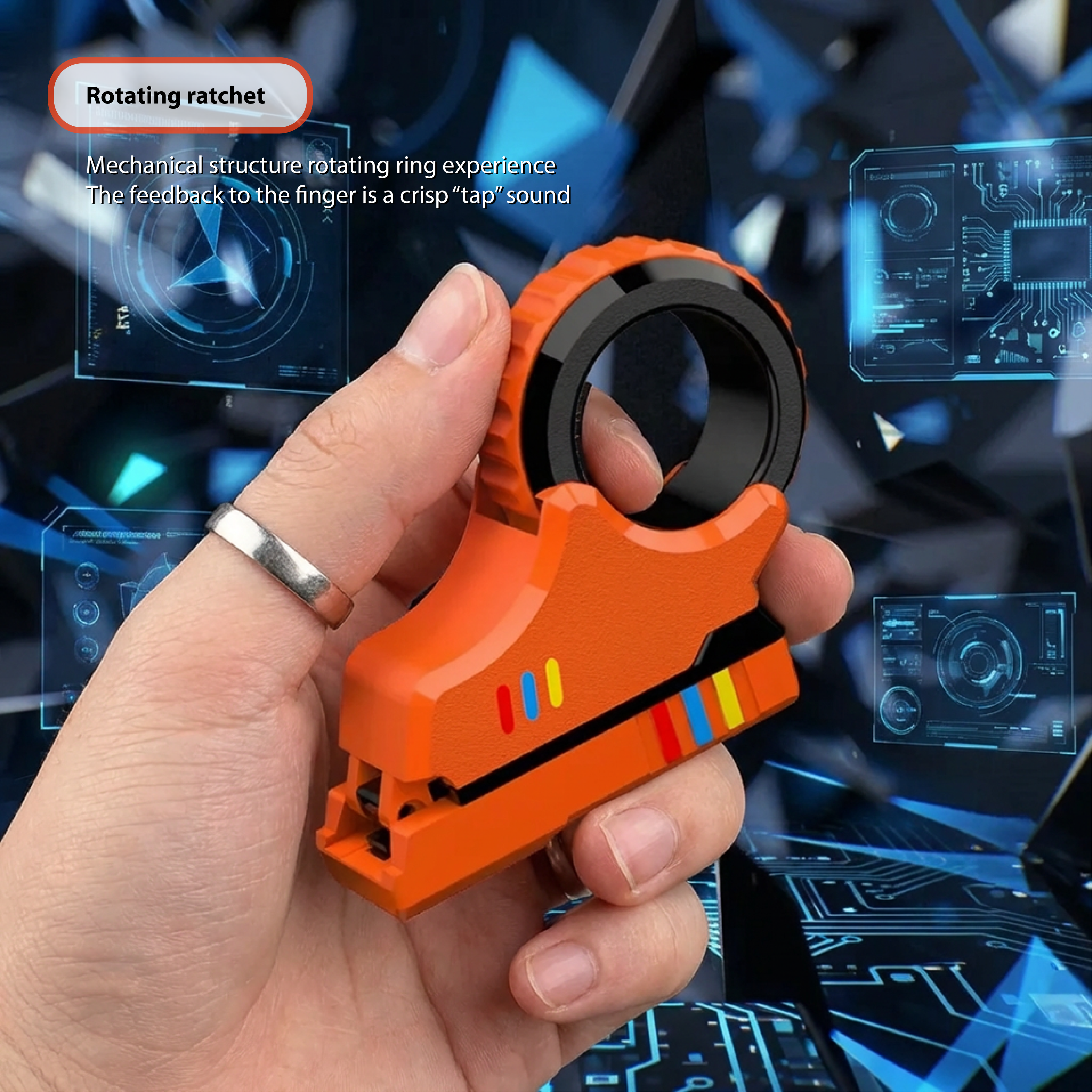 Rotating ratchet ring experience shown on the Amber Orange Pulse Pivot - Tactile mechanical feedback