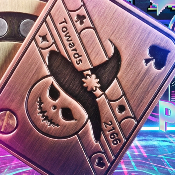 The Phantom Ace Magnetic Haptic Slider in antique bronze finish with King of Spades design on a cyberpunk background - Lumenly EDC