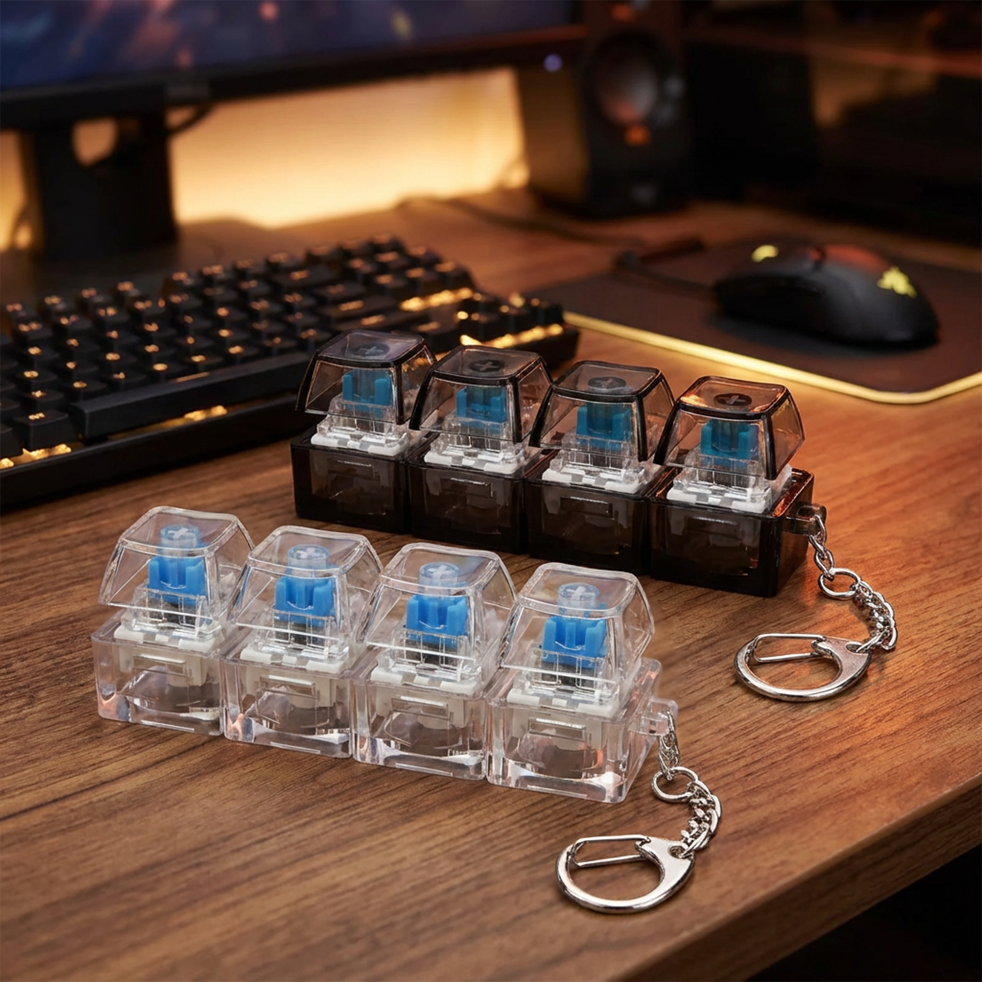 Comparison of Smoke Black and Crystal Clear Clickie 04 haptic rollers on a wooden surface - Premium mechanical EDC gear