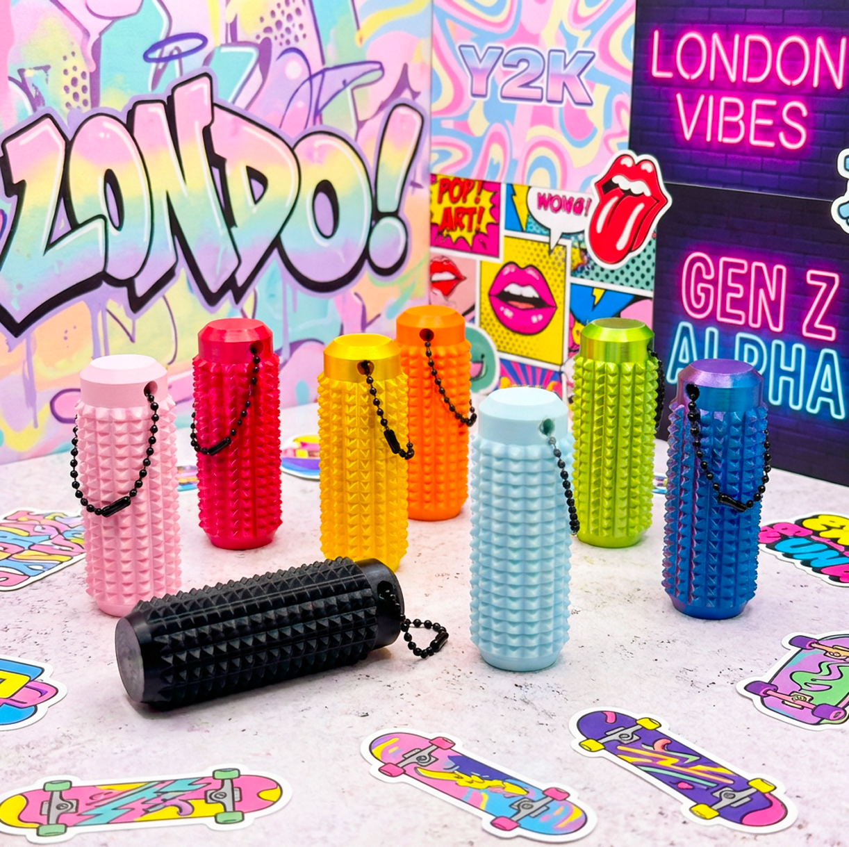 Lumenly Spiked Core Collection - Colorful 3D-printed haptic rollers in a vibrant Y2K aesthetic setting