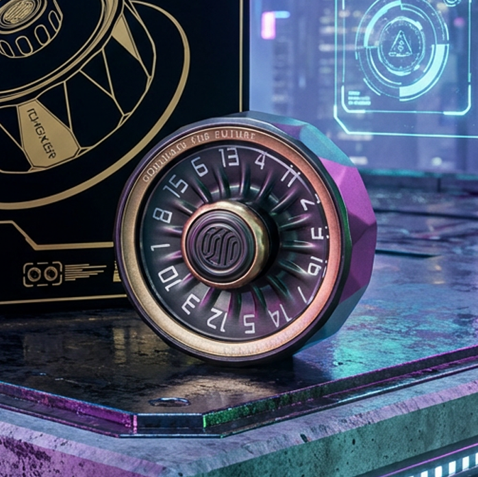 Close-up of the precision gear numbers and mechanical structure on the Starloop Turbine - High-end haptic feedback tool