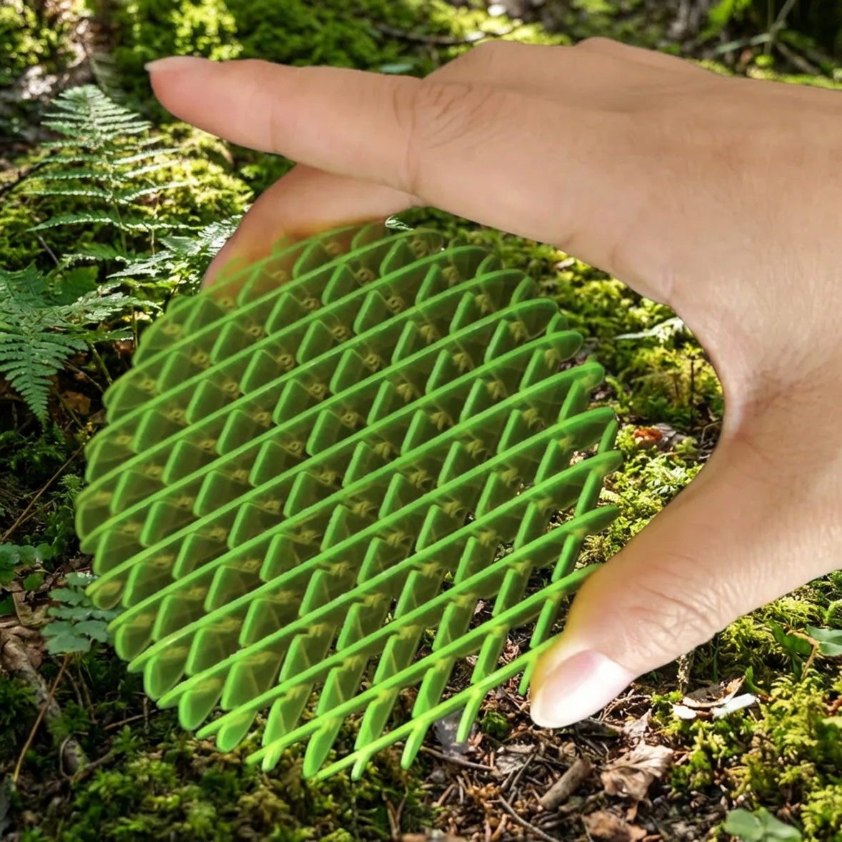 The Warp Worm Kinetic Module being compressed by hand in an outdoor forest setting - Lumenly EDC