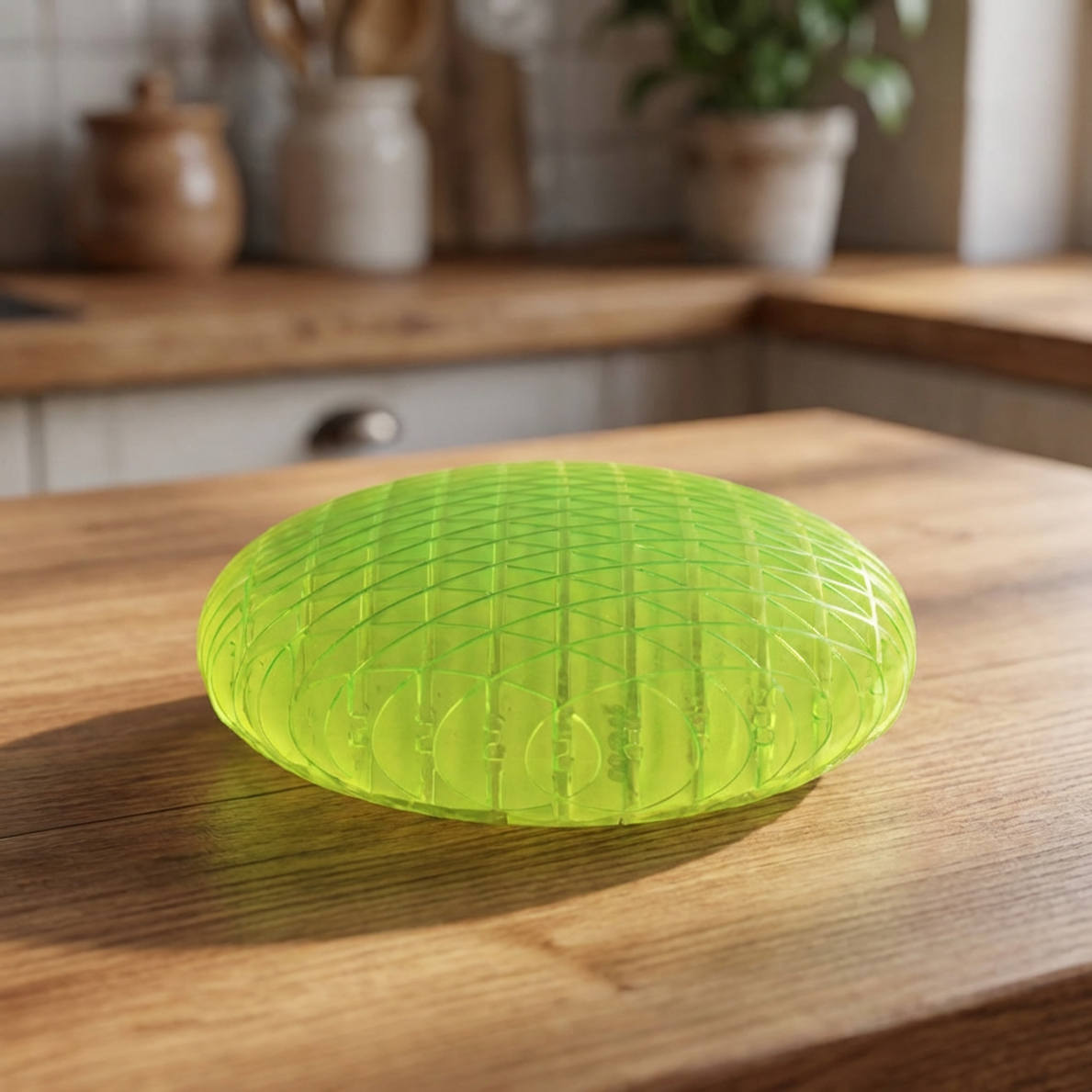 Lime Green Warp Worm fidget tool on a wooden surface - Modern stress relief gear for home or office