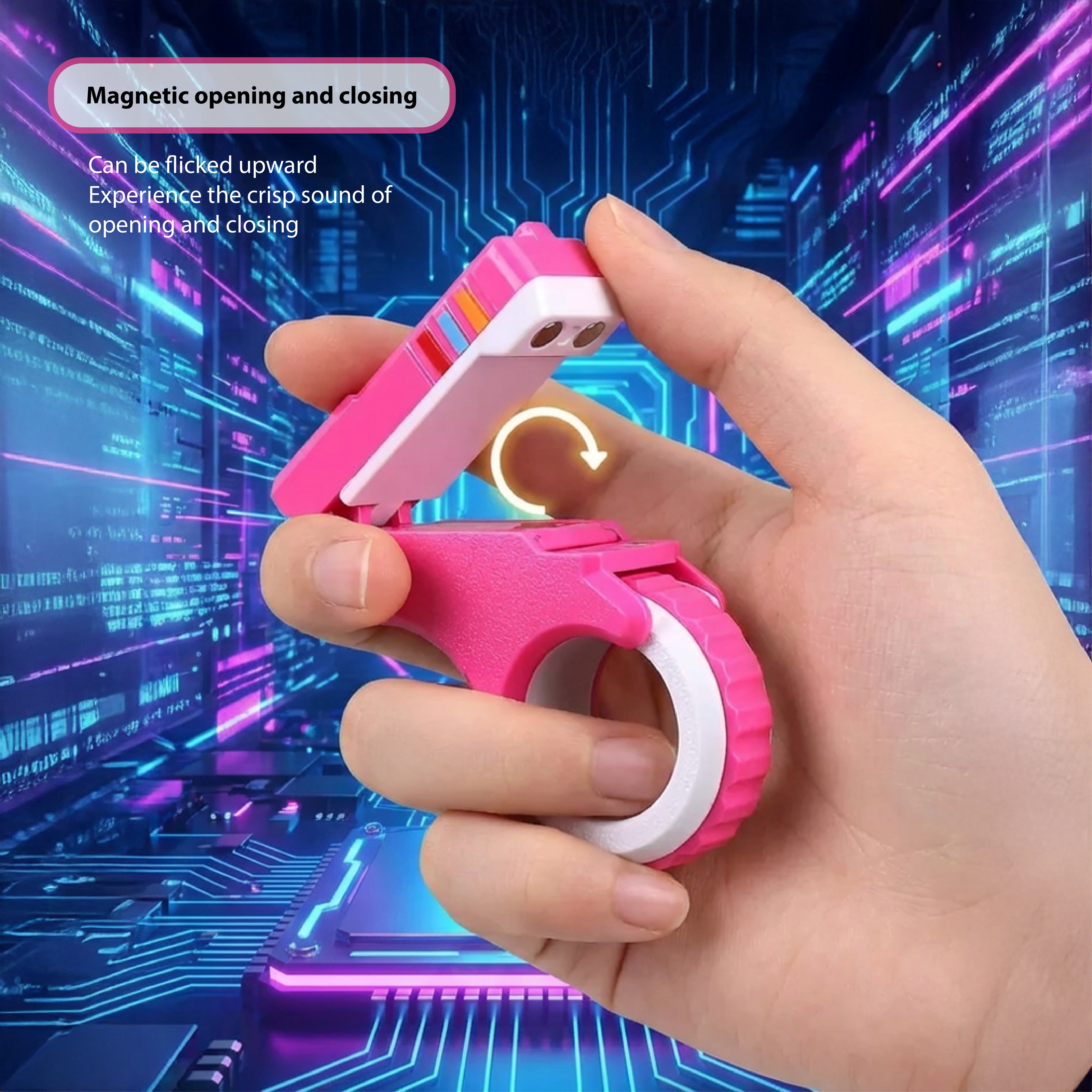 Magnetic opening and closing mechanism demonstrated on the Dreamy Pink Pulse Pivot ring